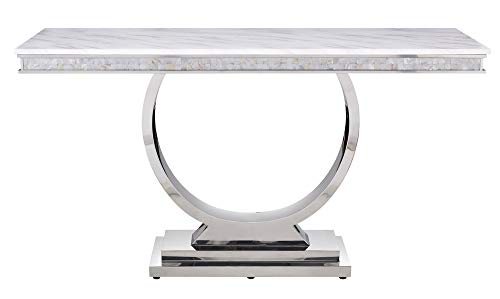 Acme Zander Sofa Table in White Printed Faux Marble and Mirrored Silver Finish