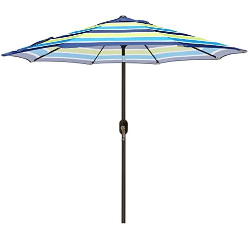 Blissun 9 Outdoor Aluminum Patio Umbrella, Striped Patio Umbrella, Market Striped Umbrella With Push Button Tilt And Crank (Blue