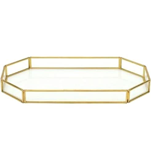 Iac Crafteriaaa Octagon Glass Tray For Decoration Brass Rim Makeup Trays For Decoration Home Decor Vanity Organizer [25 X 15 X 1