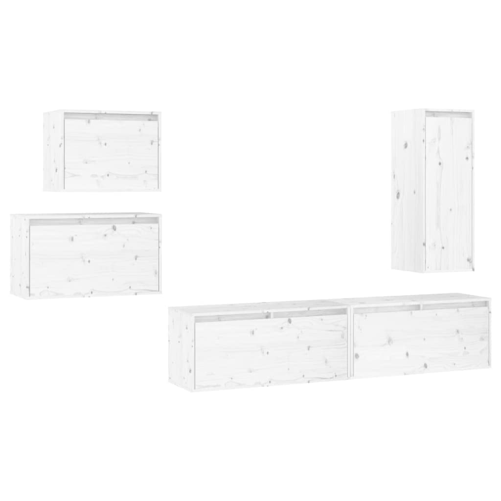 vidaXL TV Stand 5 Pcs, Wall Mounted Entertainment Center TV Console with Storage, Floating TV Stand for Living Room Bedroom, White Solid Wood Pine