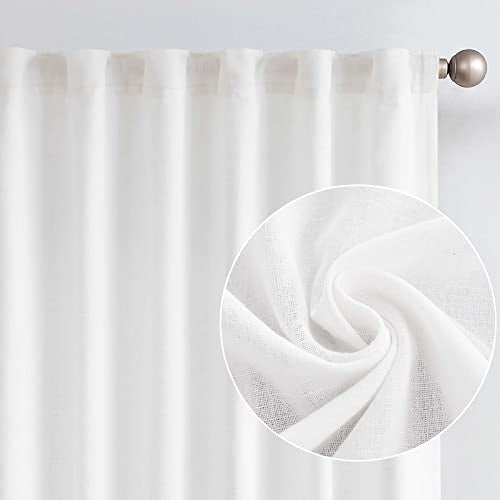 Jinchan Linen Blend White Curtains 90 Inches Long For Living Room Farmhouse Rod Pocket Back Tab Light Filtering Window Drapes With Lined For Bedroom White 2 Panels