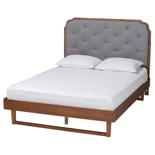 Baxton Studio Roald Mid-Century Modern Grey Fabric And Walnut Brown Wood Queen Size Platform Bed