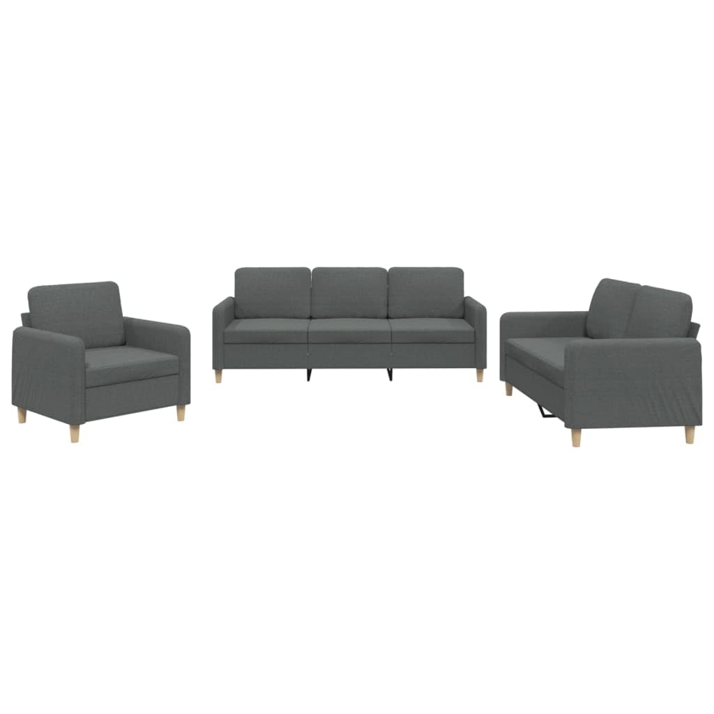 vidaXL Dark Gray Sofa Set - Loveseat, Couch, Armchair with Cushions - Fabric Upholstery, Plywood/Metal Frame - Living Room/Office