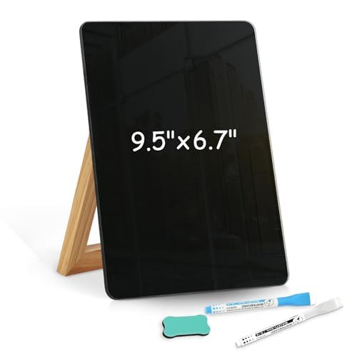 Walglass Desktop Black Glass Dry Erase Board 9.5'X 6.7' With Reversible Wood Stand, Small White Board, Portable Whiteboard For