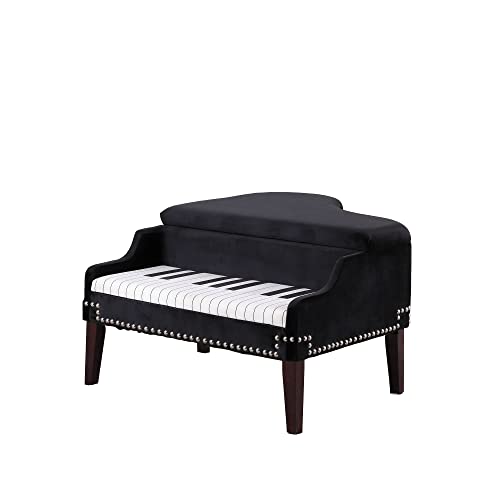 HomeRoots Navy-Blue Fabric Black Velour Baby Grand Piano Storage Bench