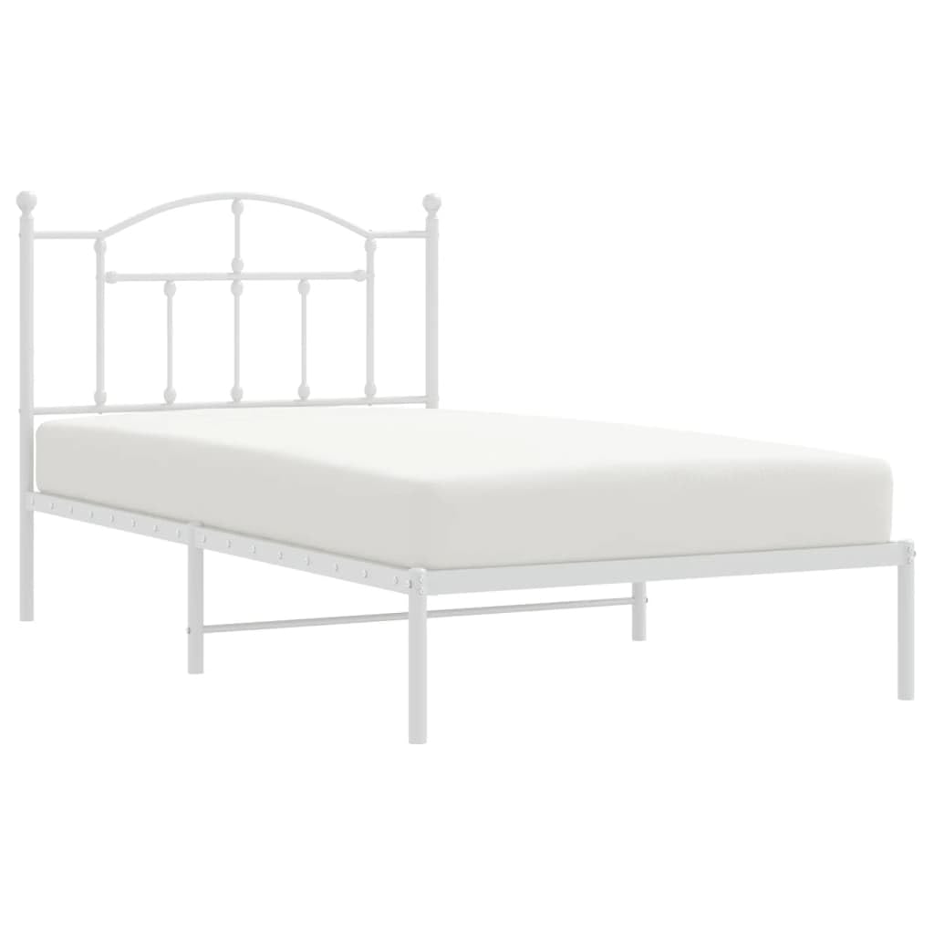 vidaXL White Metal Bed Frame with Headboard, Robust Powder-Coated Steel Construction Design for Bedroom, Extra Storage Space and Back Support- 39.4&quot;x74.8&quot;.