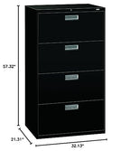 HON Brigade 600 Series Lateral File, 4 Legal/Letter-Size File Drawers, Black, 30" X 18" X 52.5"