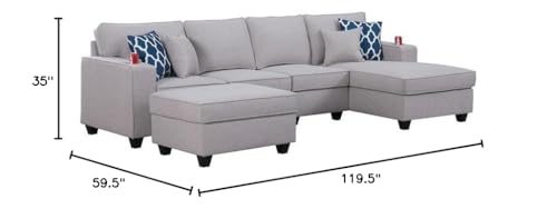 Lilola Home Cooper Light Gray Linen 5Pc Sectional Sofa Chaise with Ottoman and Cupholder