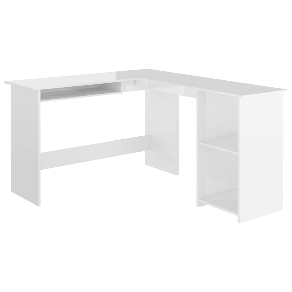 vidaXL L-Shaped Corner Desk Engineered Wood with Sliding Keyboard Tray & Open Shelves - High Gloss White Finish