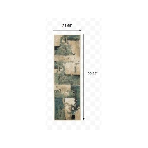 HomeRoots Polypropylene 2’ x 8’ Beige and Blue Block Indoor Runner Rug