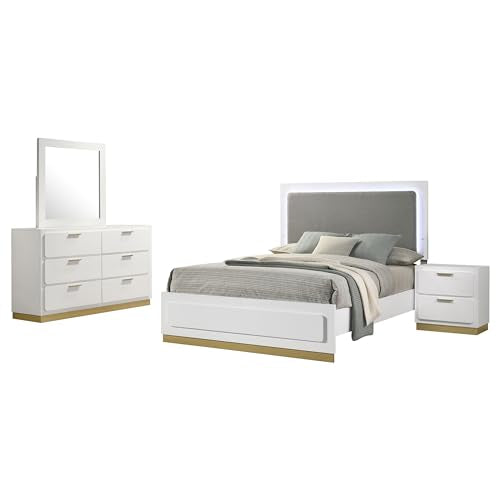 Coaster Home Furnishings Caraway Contemporary 4-Piece Bedroom Set Fabric Upholstered California King Size LED Panel Bed Frame 55-inch Headboard White 224771KW-S4