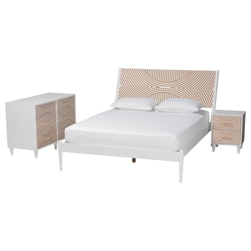 Baxton Studio Louetta Coastal White Carved Contrasting Queen Size 3-Piece Bedroom Set