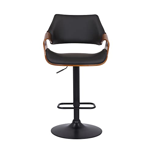HomeRoots Wood, Metal, Foam Faux Leather Black Faux Leather and Walnut Wood and Black Swivel Adjustable Bar Stool