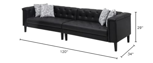Lilola Home Sarah Black Vegan Leather Tufted Sofa with 4 Accent Pillows