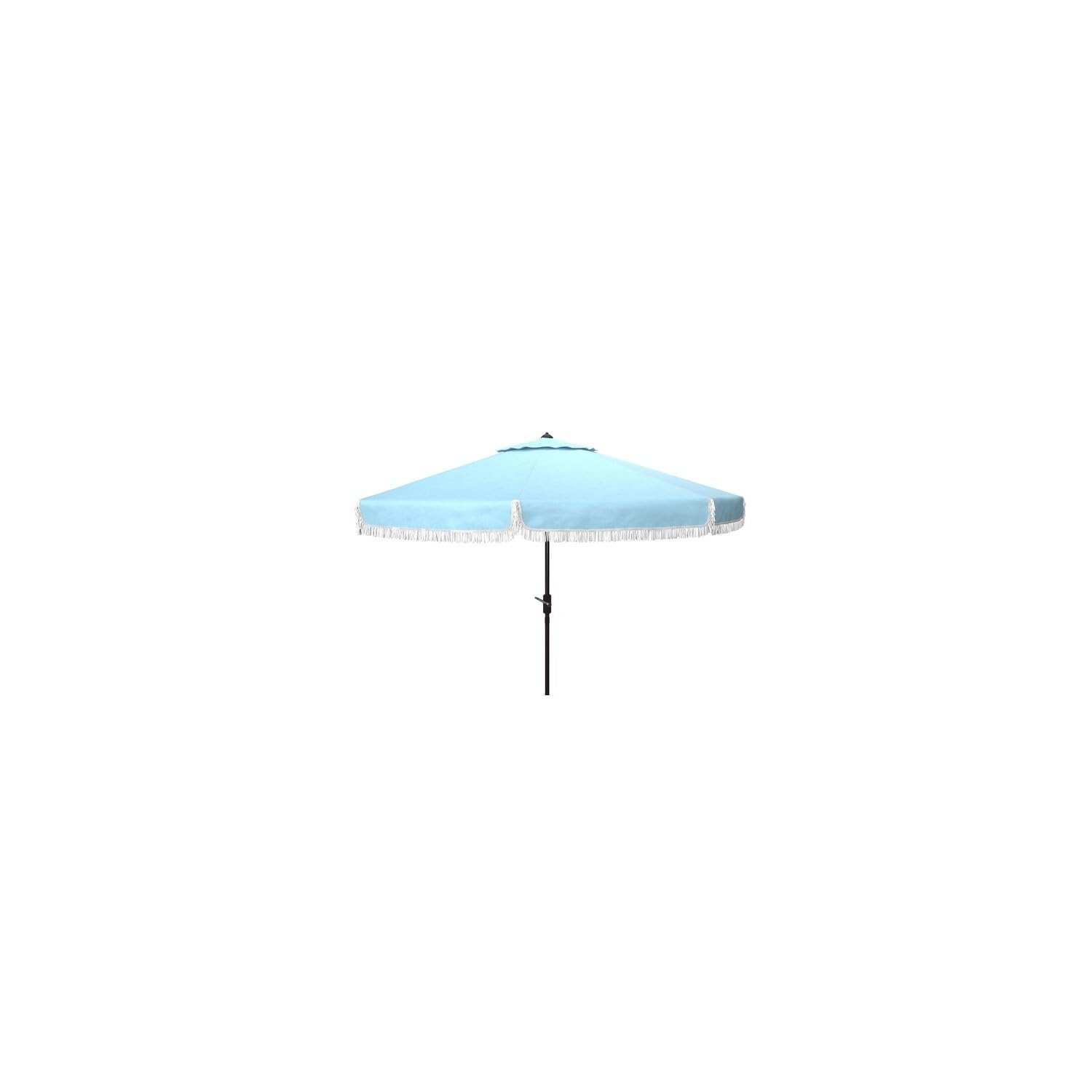SAFAVIEH 9ft Outdoor Patio Umbrella, Milan Fringe Collection, Baby Blue & White, Crank, Button Tilt, UV Resistant for Deck, Back