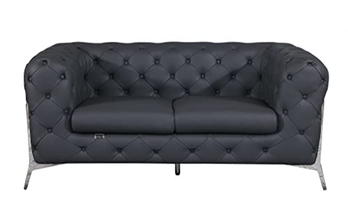 HomeRoots 69&quot; Dark Gray All Over Tufted Italian Leather and Chrome Love Seat