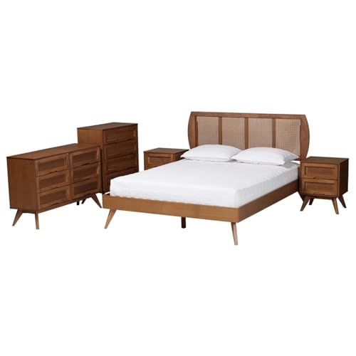 Baxton Studio Asami Mid-Century Modern Walnut Brown Finished Wood And Woven Rattan Full Size 5-Piece Bedroom Set