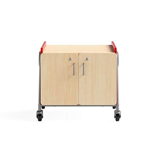 Safco Products 3933RED Whiffle Typical 13, Double Column 4-Tote 2-Shelf Doored Rolling Storage Cart with Magnetic Dry-Erase Back, Red, 27 1/4&quot; H, 27.25&quot; Tall