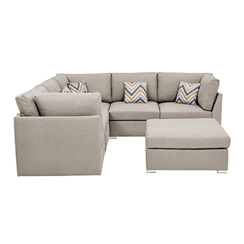 Lilola Home Amira Beige Fabric Reversible Sectional Sofa with Ottoman and Pillows