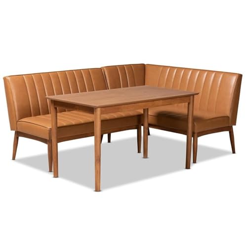 Baxton Studio Daymond Mid-Century Modern Tan Faux Leather Upholstered and Walnut Brown Finished Wood 3-Piece Dining Nook Set