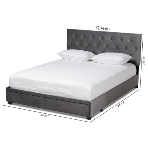 Baxton Studio Caronia Modern and Contemporary Grey Velvet Fabric Upholstered 2-Drawer Queen Size Platform Storage Bed