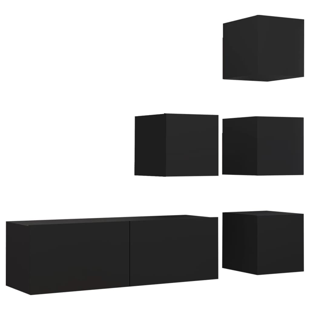 Vidaxl Tv Stand Set 5 Piece, Tv Unit For Living Room Bedroom, Sideboard With Storage, Media Unit Cupboard, Modern, Black Engineered Wood