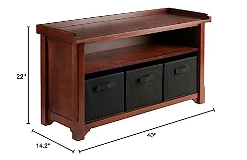 Ergode Colin Bench | Versatile & Stylish | Dark Faux Leather Cushion | 2 Corn Husk Baskets | Slated Shelf | Ample Comfort | Chocolate Brown | Sturdy Wood | (94201-VV)