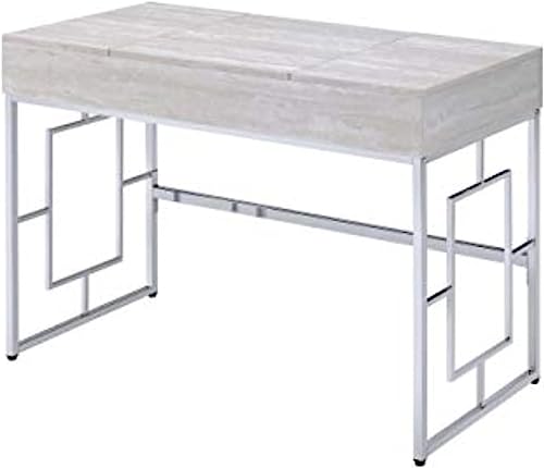 Acme Saffron Rectangular Wooden Top Vanity Desk in Chrome and White