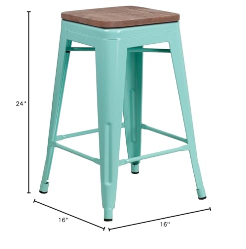 Flash Furniture Sinclair 24' High Backless Mint Green Counter Height Stool With Square Wood Seat