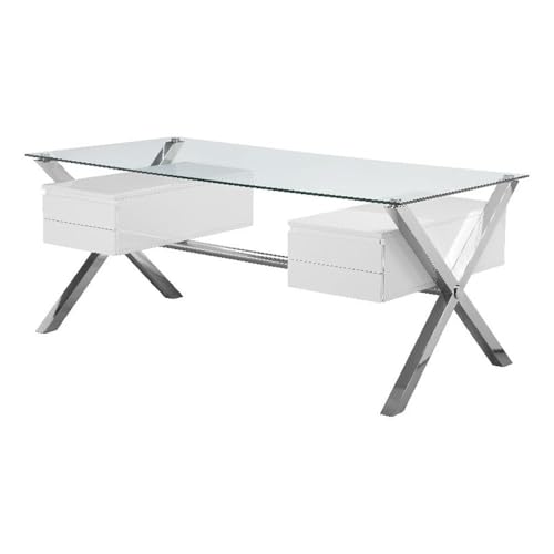 Pangea Home Beverly Large Modern Tempered Glass & Lacquer Wood Desk In White