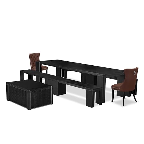 Luxe by East West Furniture - X02DA-2C6-26 - 6-piece Dining Table Set a Dining Table with a coffee table and 2 wooden Benches and 2 Burgundy Faux Leather Kitchen Chair, 39x120 Inch, Wire Brushed Black