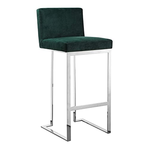 Pangea Home Dexter 30&quot; Modern Velvet & High Polished Steel Bar Stool In Green