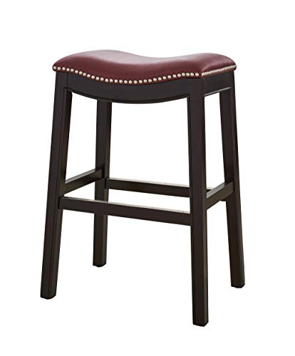 HomeRoots Vinyl, Wood, Steel 25&quot; Espresso and Red Saddle Style Counter Height Bar Stool