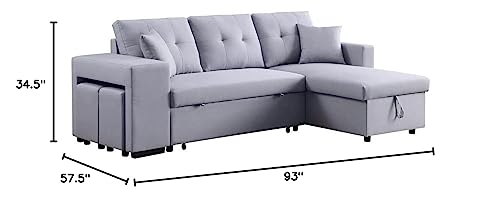 Lilola Home Dennis Light Gray Linen Fabric Reversible Sleeper Sectional with Storage Chaise and 2 Stools