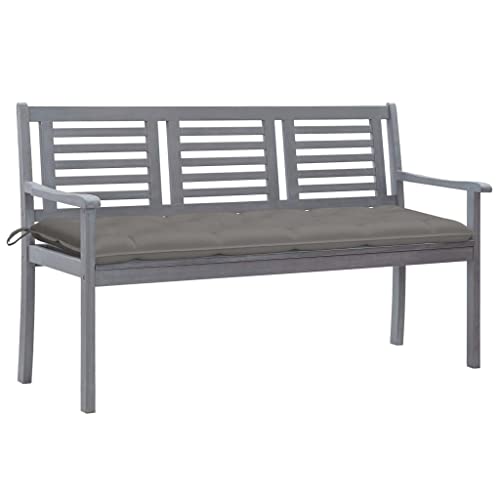 Vidaxl 3-Seater Outdoor Bench - Gray Eucalyptus Wood With Cushion, Ergonomic Seating For Patio, Garden, Terrace - 59.1&quot; W