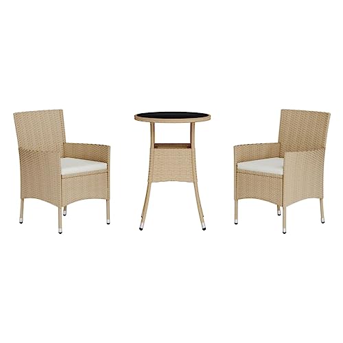 Vidaxl Beige Poly Rattan Patio Bistro Set - 3 Piece With Cushions, Powder-Coated Steel Frame, Comfortable Backrests, Thick Cream White Pads, Tempered Glass Top Table