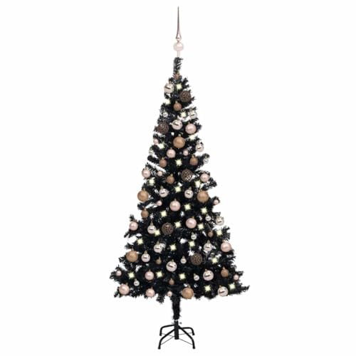 Vidaxl Artificial Christmas Tree With Leds And Ball Set In Black 47.2&quot; Pvc And Rose Gold Ornaments - Easy Assembly, Economical Holiday Decor