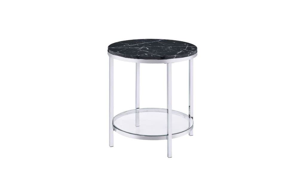 HomeRoots Faux Black Marble & Chrome 25' Chrome and Black Faux Marble and Metal Round End Table with Shelf