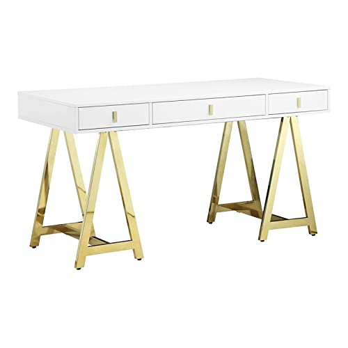 Pangea Home Riley Modern Lacquer & Steel Metal Desk In White/Gold