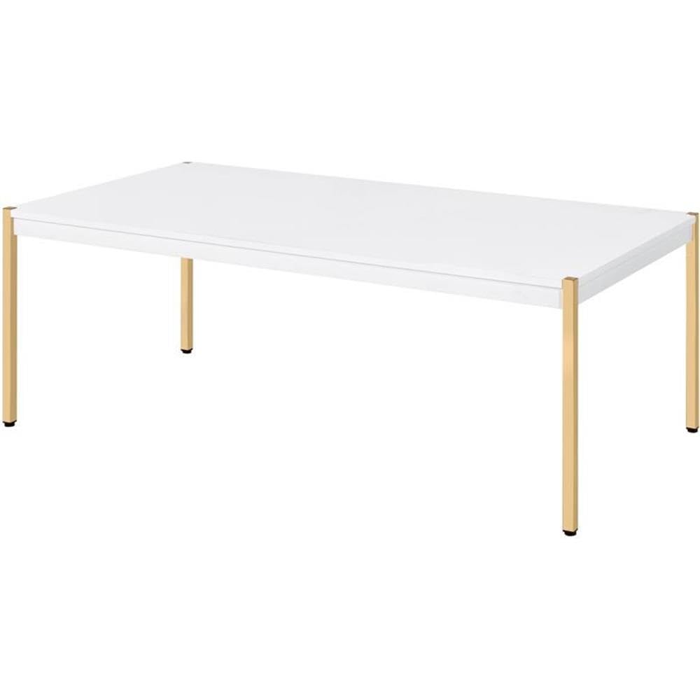 Acme Otrac Wooden Rectangle Top Coffee Table in White and Gold