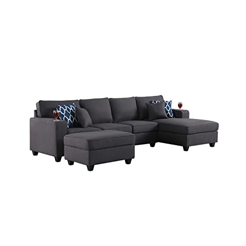 Lilola Home Cooper Dark Gray Linen 5Pc Sectional Sofa Chaise with Ottoman and Cupholder
