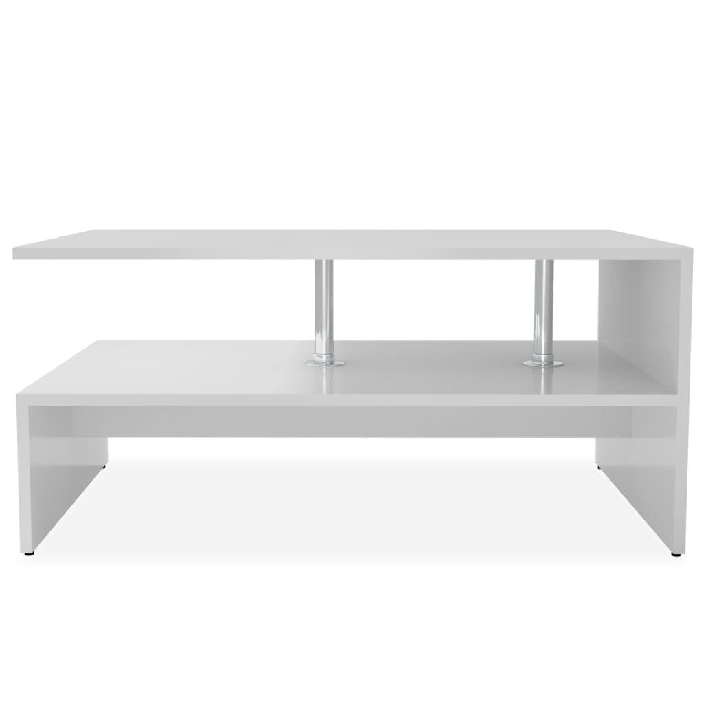 vidaXL Modern Matte White Coffee Table | Low Rectangular Design | Engineered Wood Construction | Stainless Steel Supports | Convenient Two-Shelves Storage | Easy Assembly