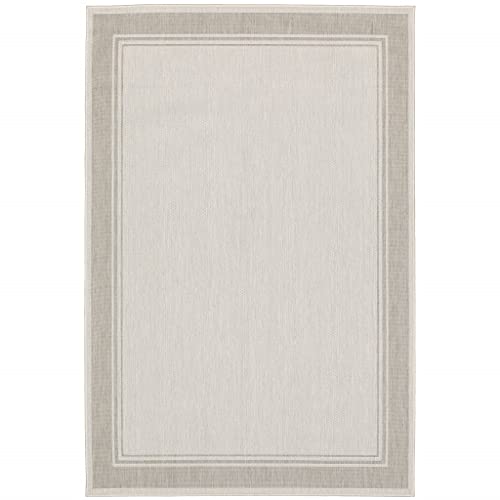 HomeRoots Polypropylene 7’x9’ Ivory and Gray Bordered Indoor Outdoor Area Rug