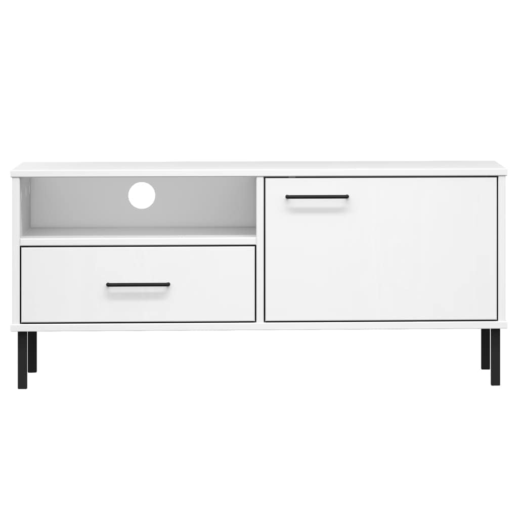 vidaXL Solid Pine Wood TV Stand with Metal Feet, White - Industrial-Style Media Storage Cabinet with Spacious Compartments and Drawer, Durable TV Unit for Home Living Room Furniture, Oslo Range