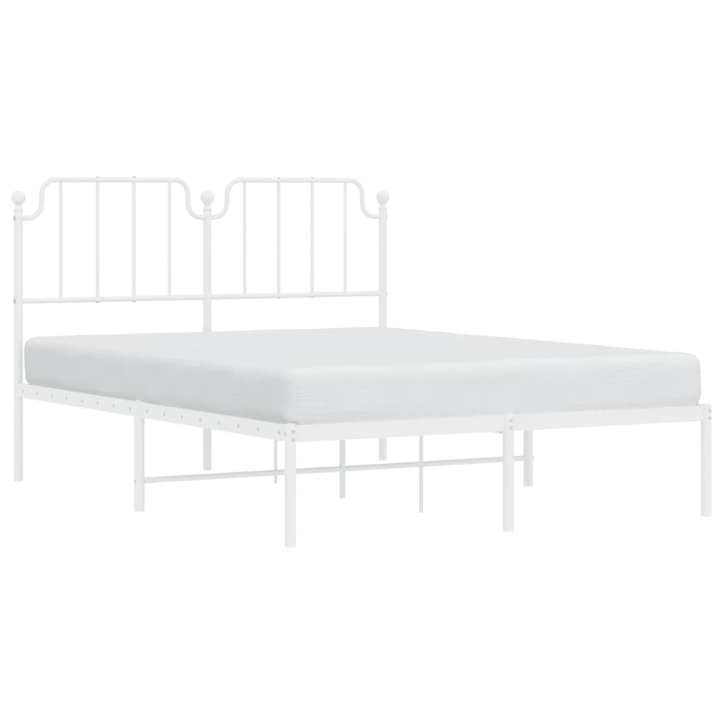 vidaXL Robust White Steel Bed Frame with Comfortable Headboard - Extra Under-Bed Storage Space - Supports 53.1&quot;x74.8&quot; Mattress - Assembly Required