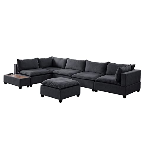Lilola Home Madison Dark Gray Fabric 7 Piece Modular Sectional Sofa with Ottoman and USB Storage Console Table