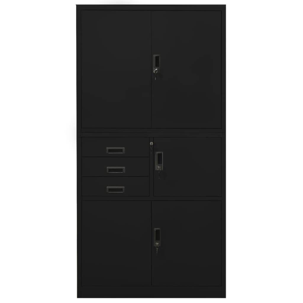 vidaXL Steel Office Cabinet, Black, 35.4&quot;x15.7&quot;x70.9&quot; - Locking Storage Cabinet with Adjustable Shelves, 3 Drawers, Office Filing Cabinet, Locker Inside, High Loading Capacity