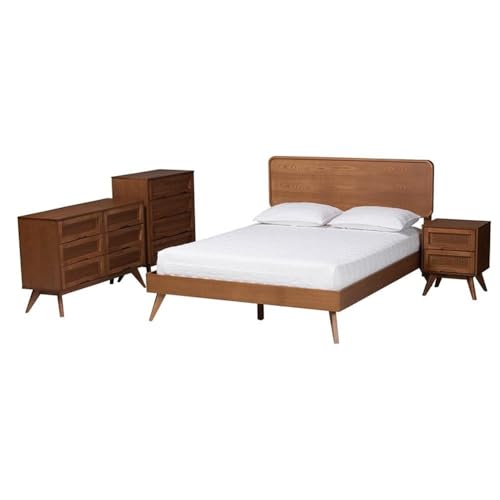 Baxton Studio Demeter Mid-Century Modern Walnut Brown Finished Wood Full Size 4-Piece Bedroom Set