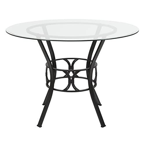 Flash Furniture Carlisle Round Glass Dining Table With Metal Frame, 42 In, Clear/Black