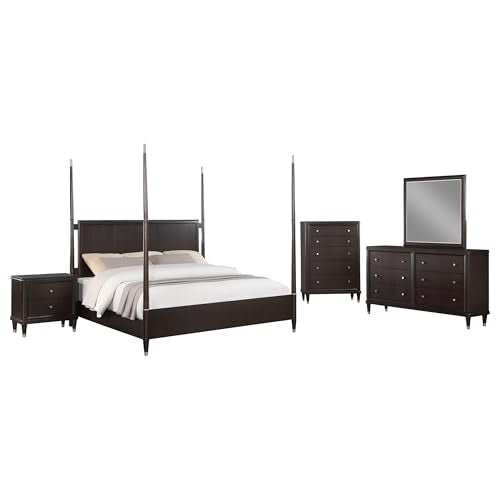 Coaster Home Furnishings Emberlyn Mid-Century Modern 5-Piece Bedroom Set Eastern King Size Four-Poster Bed Frame 84-inch Headboard Brown 223061KE-S5